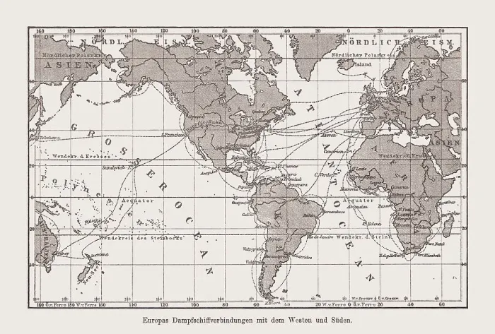 Framed Print : Historical map of Europe's steamship connections, wood engraving, published 1894 Framed Print : Historical map of Europe's steamship connections, wood engraving, published 1894