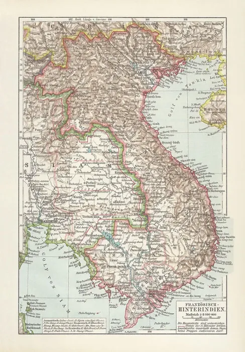 Framed Print : Historical map of French Indochina, chromolithograph, published in 1899 Framed Print : Historical map of French Indochina, chromolithograph, published in 1899