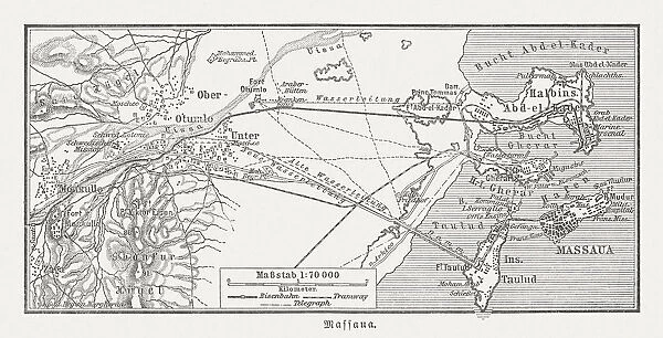 Historical map of Massawa and surroundings, Eritrea, woodcut, published 1897