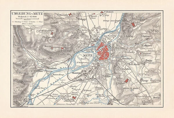 Historical map of Metz and surrounding, France, lithograph, published 1897