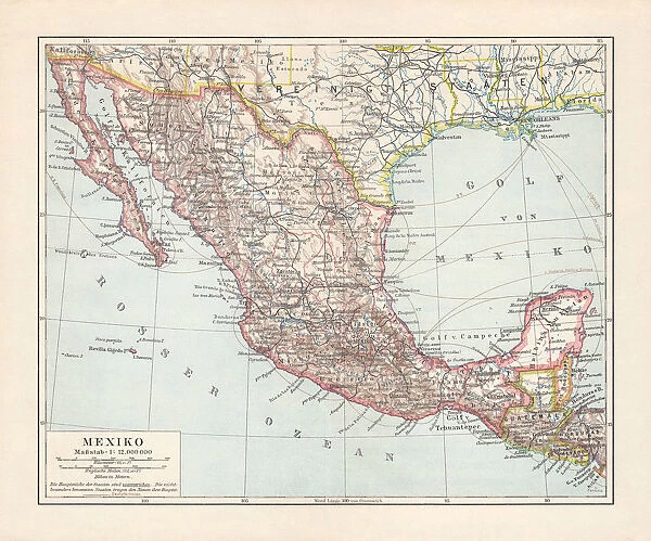 Historical map of Mexico, lithograph, published in 1897
