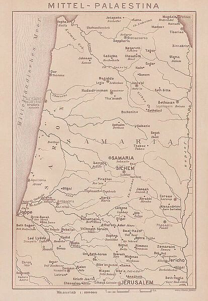 Historical map of Middle Palestine, lithograph, published in 1891
