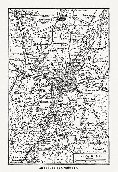 Historical map of Munich, Germany and surroundings, woodcut, published 1897