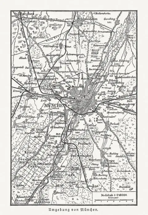 Framed Print : Historical map of Munich, Germany and surroundings, woodcut, published 1897 Framed Print : Historical map of Munich, Germany and surroundings, woodcut, published 1897