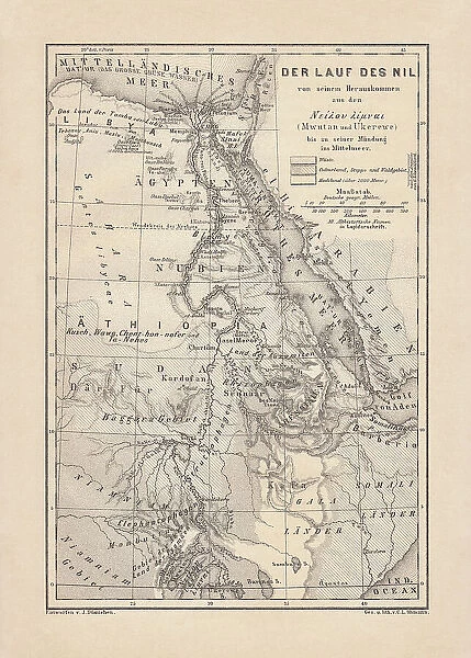 Historical map of the Nile river, wood engraving, published 1879