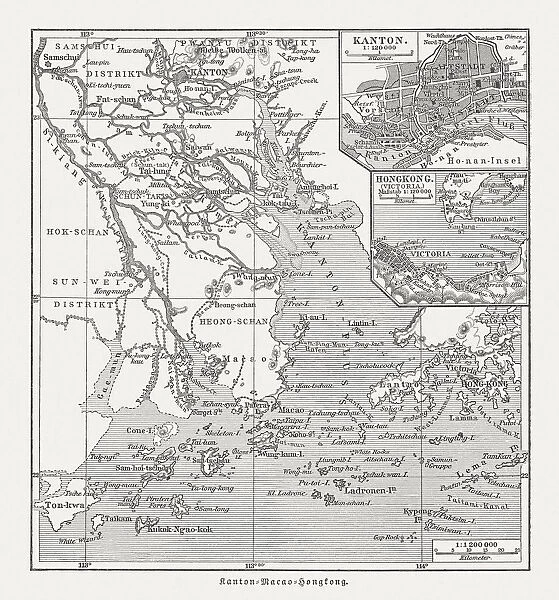 Historical map of the Pearl River Delta, woodcut, published 1897