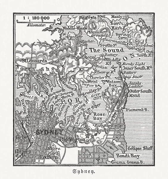 Historical map of Sydney, Australia, and surroundings, woodcut, published 1897