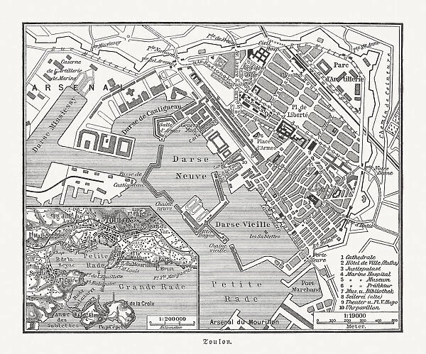 Historical map of Toulon, France, wood engraving, published in 1897