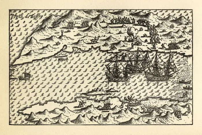 Framed Print : Historical Map of Van Noort at Porto Deseado, 1598 Framed Print : Historical Map of Van Noort at Porto Deseado, 1598