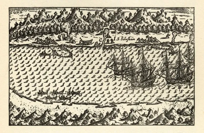Framed Print : Historical Map of Van Noort at Porto Deseado, 1598 Framed Print : Historical Map of Van Noort at Porto Deseado, 1598