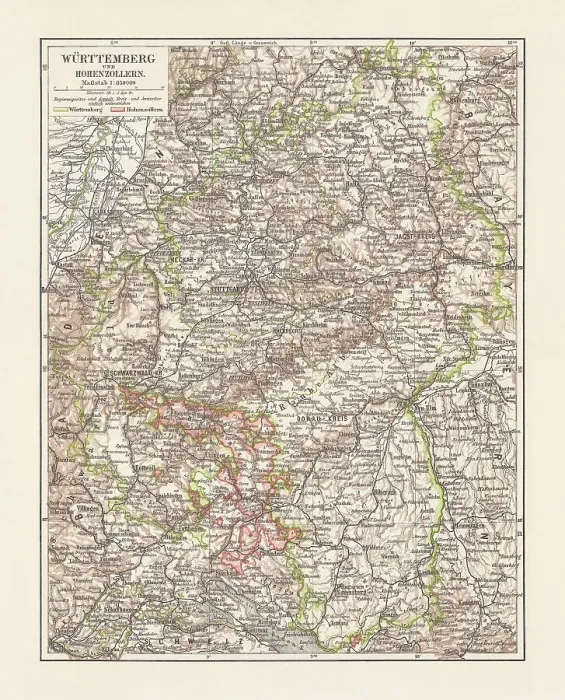 Framed Print : Historical map of Wurttemberg and Hohenzollern, Germany, lithograph, published 1897 Framed Print : Historical map of Wurttemberg and Hohenzollern, Germany, lithograph, published 1897