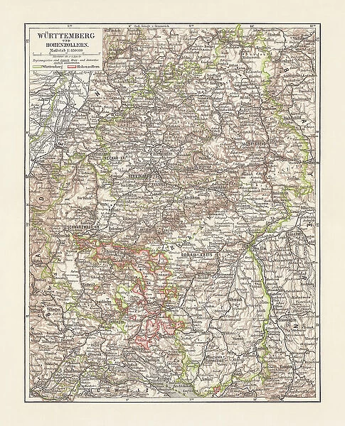 Historical map of Wurttemberg and Hohenzollern, Germany, lithograph, published 1897