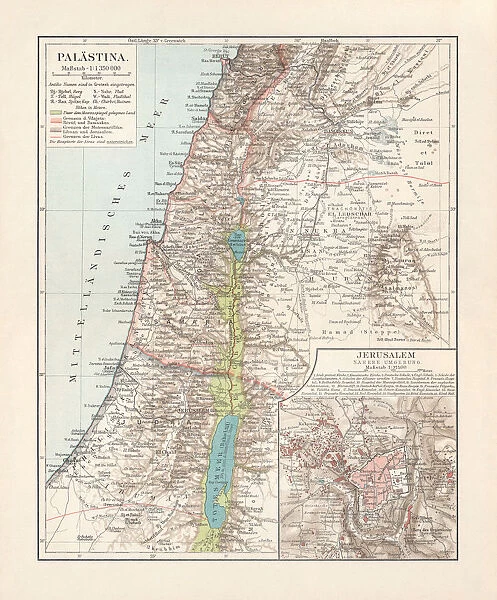 Historical maps of Palestine and Jerusalem, lithograph, published in 1897