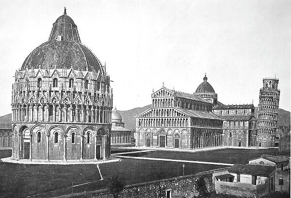 Historical photo (ca 1880) of Pisa, view of Piazza dei Miracoli, leaning tower of Pisa and baptistery, Tuscany, Italy, Historical, digitally restored reproduction of an original 19th century original, exact original date unknown