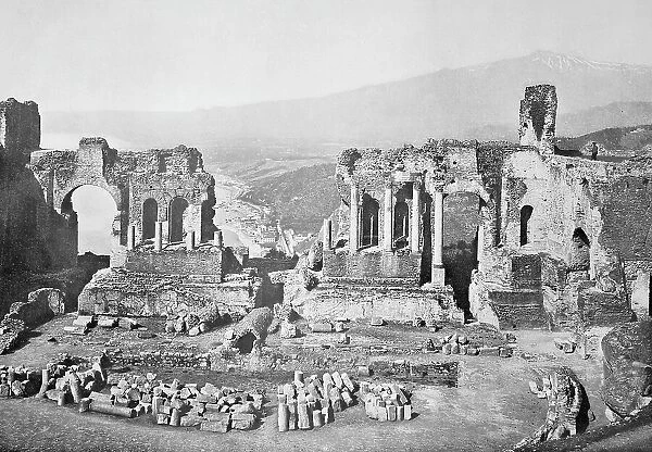 Historical photo (ca 1880) of the Teatro Greco, Greek theatre, Taormina, Sicily, Italy, Historical, digitally restored reproduction of an original 19th century original, exact original date unknown