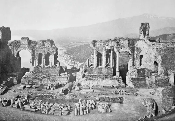 Framed Print : Historical photo (ca 1880) of the Teatro Greco, Greek theatre, Taormina, Sicily, Italy, Historical, digitally restored reproduction of an original 19th century original, exact original date unknown Framed Print : Historical photo (ca 1880) of the Teatro Greco, Greek theatre, Taormina, Sicily, Italy, Historical, digitally restored reproduction of an original 19th century original, exact original date unknown