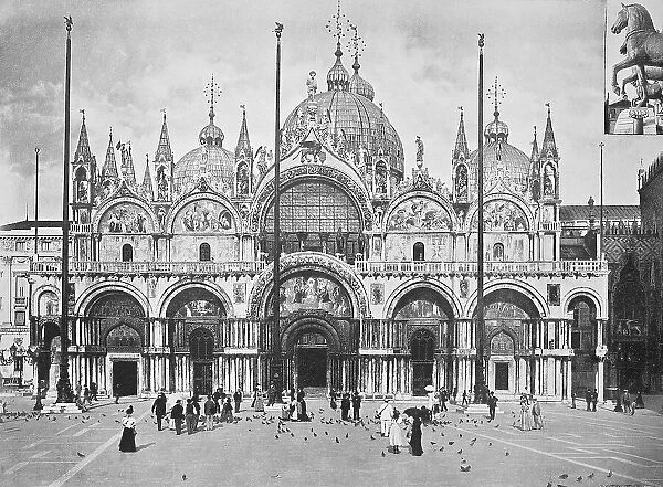 Historical photo (ca 1880) of The west facade of St. Mark's Basilica, St. Mark's Square, Venice, Italy, Historical, digitally restored reproduction of a 19th century original, exact original date not known