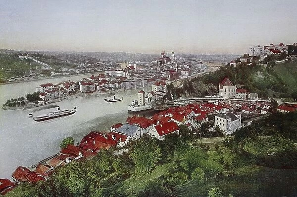 Historical photo of Passau, Bavaria, Germany, historical, digitally restored reproduction of a 19th century original