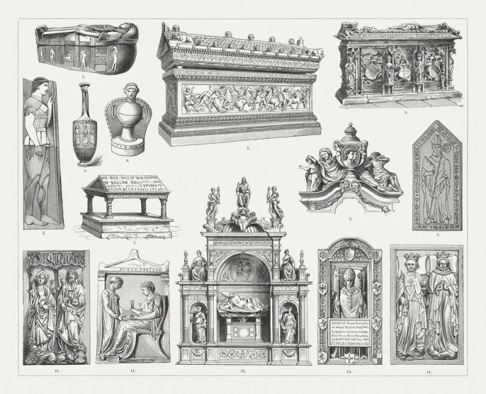 Framed Print : Historical tomb monuments, wood engravings, published in 1897 Framed Print : Historical tomb monuments, wood engravings, published in 1897