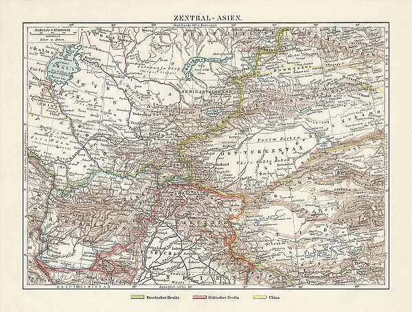 Historical topographic map of Central Asia, lithograph, published in 1897