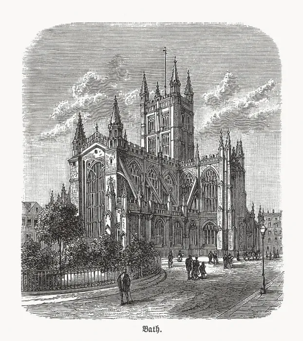 Framed Print : Historical view of the Bath Abbey, England, woodcut, published 1893 Framed Print : Historical view of the Bath Abbey, England, woodcut, published 1893