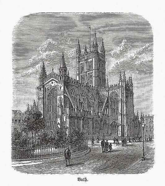 Historical view of the Bath Abbey, England, woodcut, published 1893