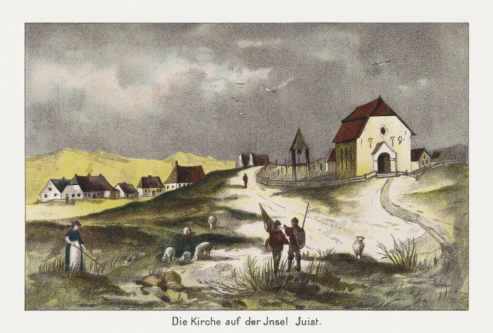 Framed Print : Historical view of Juist, Lower Saxony, Germany, chromolithograph, published 1889 Framed Print : Historical view of Juist, Lower Saxony, Germany, chromolithograph, published 1889
