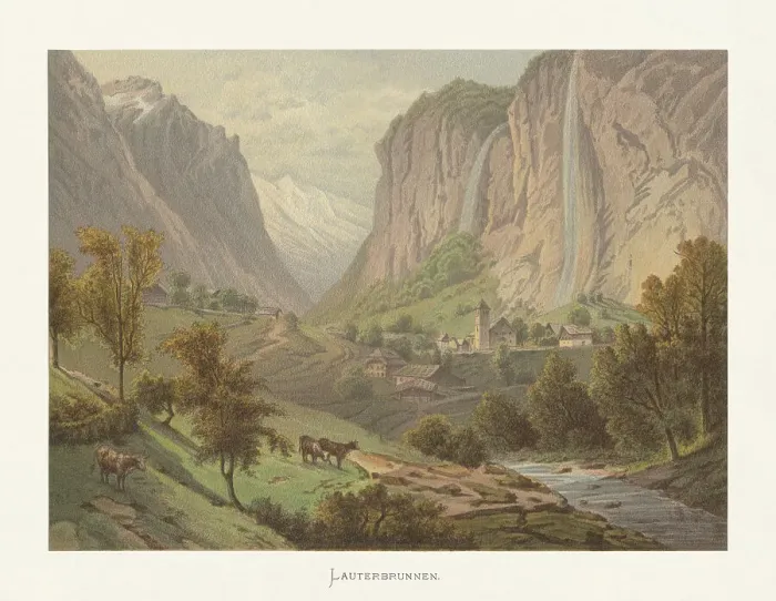 Framed Print : Historical view of Lauterbrunnen, Bernese Oberland, Switzerland, chromolithograph, published ca. 1872 Framed Print : Historical view of Lauterbrunnen, Bernese Oberland, Switzerland, chromolithograph, published ca. 1872