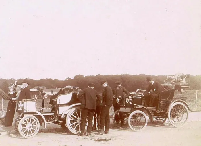 Framed Print : History of the automobile, company with two cars in France, probably during a race for Mors cars, 1898, France, digitally restored reproduction from a 19th-20th century original Framed Print : History of the automobile, company with two cars in France, probably during a race for Mors cars, 1898, France, digitally restored reproduction from a 19th-20th century original