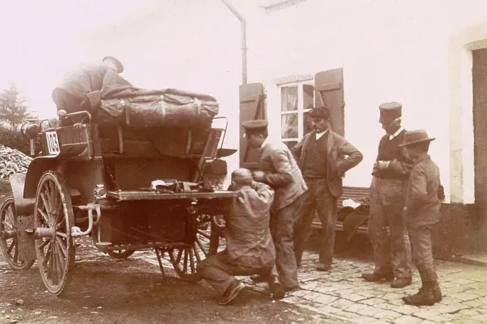 Framed Print : History of the automobile, participants of the Paris-Amsterdam race in their cars, probably in the Houffalize region, 1898, France, digitally restored reproduction from a 19th-20th century original Framed Print : History of the automobile, participants of the Paris-Amsterdam race in their cars, probably in the Houffalize region, 1898, France, digitally restored reproduction from a 19th-20th century original