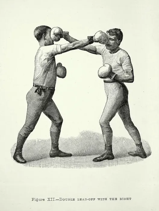 Framed Print : History of Boxing, two boxers, boxing positions, Double lead off with the right, punch, Victorian combat sports, 19th Century Framed Print : History of Boxing, two boxers, boxing positions, Double lead off with the right, punch, Victorian combat sports, 19th Century
