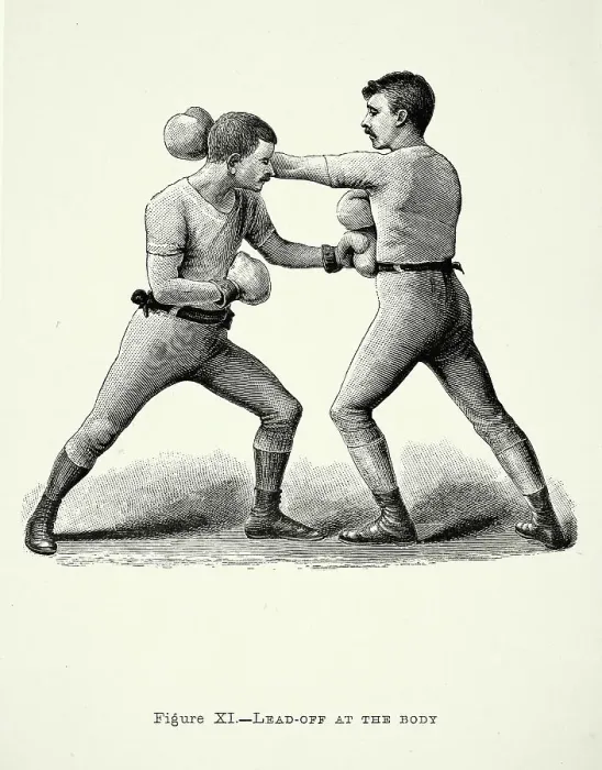 Framed Print : History of Boxing, two boxers, positions, lead off at the body punch, Victorian combat sports, 19th Century