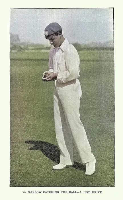 Framed Print : History of Cricket, Fielder catching the ball high, 19th Century vintage photograph