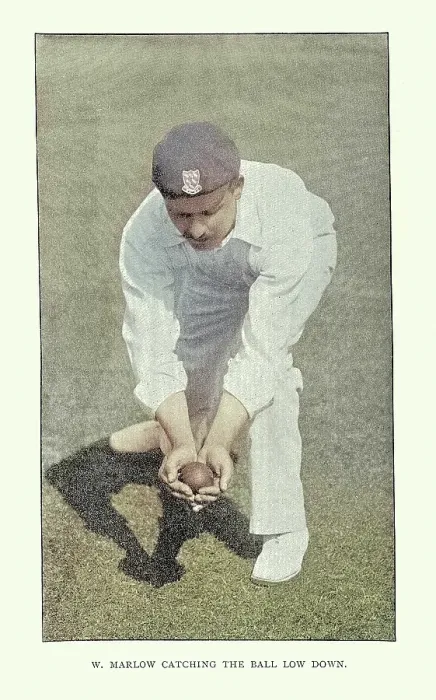 Framed Print : History of Cricket, Fielder catching the ball low, 19th Century vintage photograph