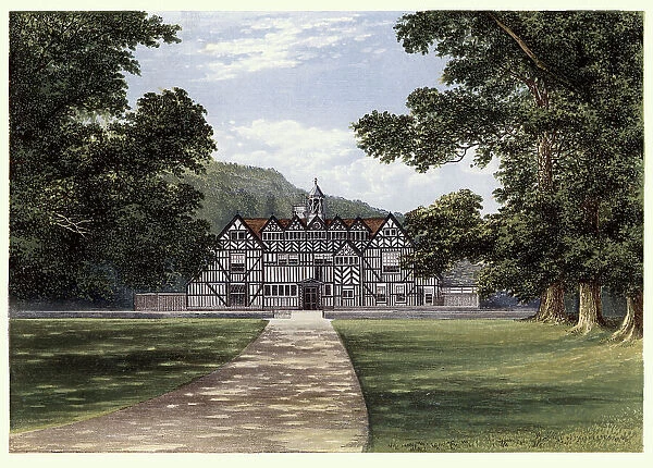 History English Architecture, timber framed country house, Mere Hall, Worcestershire, 19th Century Landscape Art