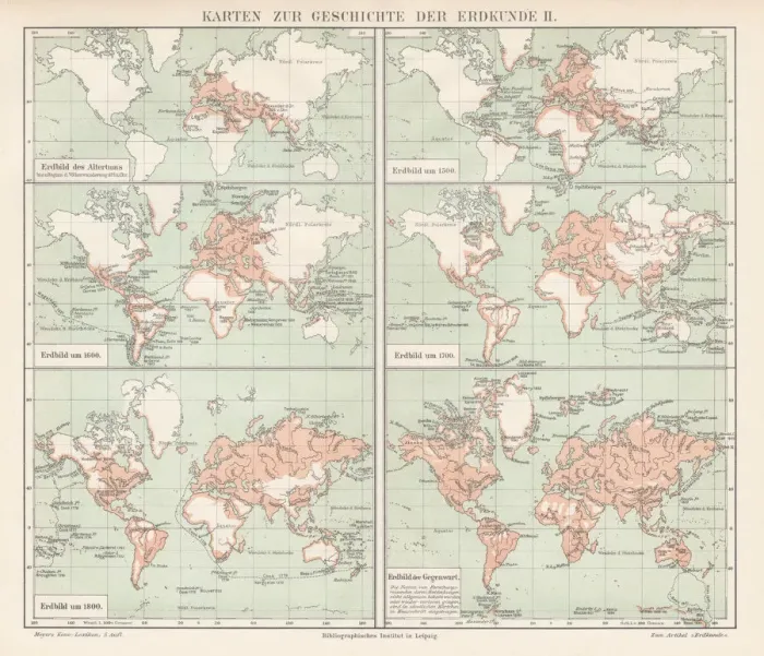Framed Print : The history of geography map 1895 Framed Print : The history of geography map 1895