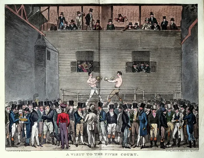 Framed Print : History of Sport, Boxing match, Boxers fighting at the Fives Court, St Martin's Street, London, 1822, by Robert Cruikshank
