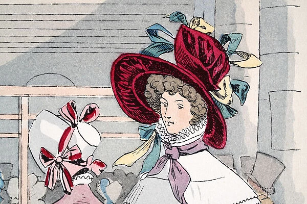 History of Womens fashion, Headwear in 1820s, Bonnets with colourful ribbons