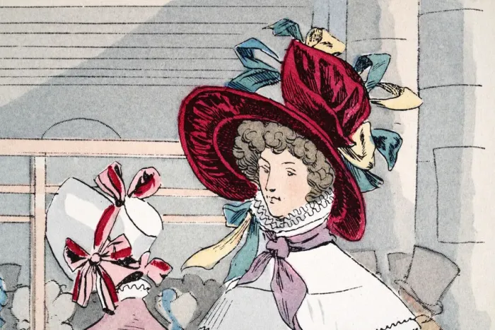 Framed Print : History of Womens fashion, Headwear in 1820s, Bonnets with colourful ribbons Framed Print : History of Womens fashion, Headwear in 1820s, Bonnets with colourful ribbons