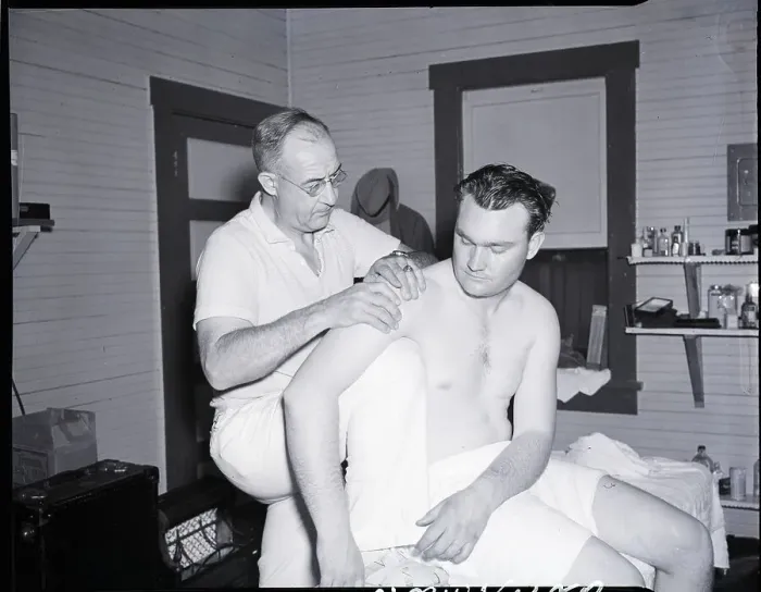 Framed Print : H.J. Weaver Rubs Down J. Mize'S Shoulder Framed Print : H.J. Weaver Rubs Down J. Mize'S Shoulder