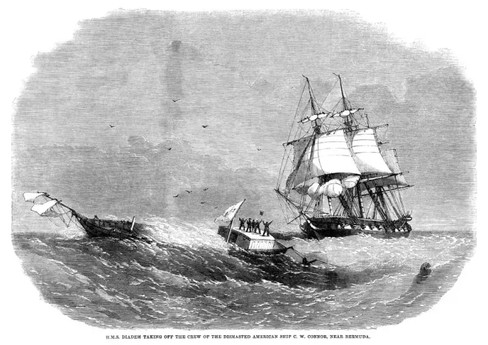 Framed Print : HMS Diadem rescuing crew of American ship C. W. Connor Framed Print : HMS Diadem rescuing crew of American ship C. W. Connor