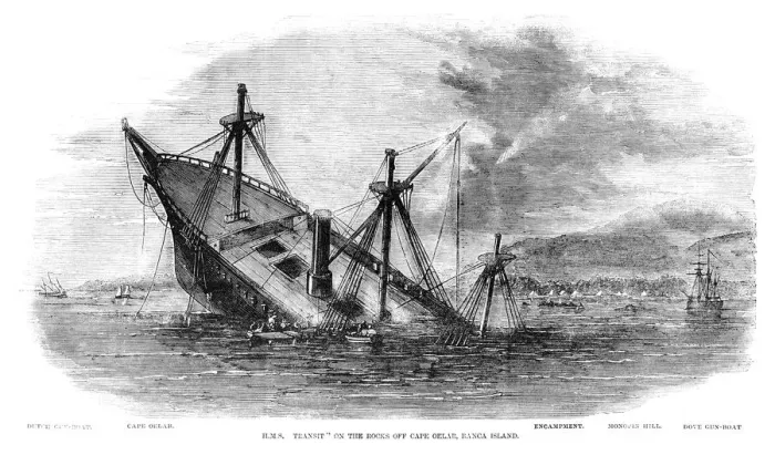Framed Print : HMS Transit wrecked off Banca Island, Sumatra (1857 engraving ILN) Framed Print : HMS Transit wrecked off Banca Island, Sumatra (1857 engraving ILN)