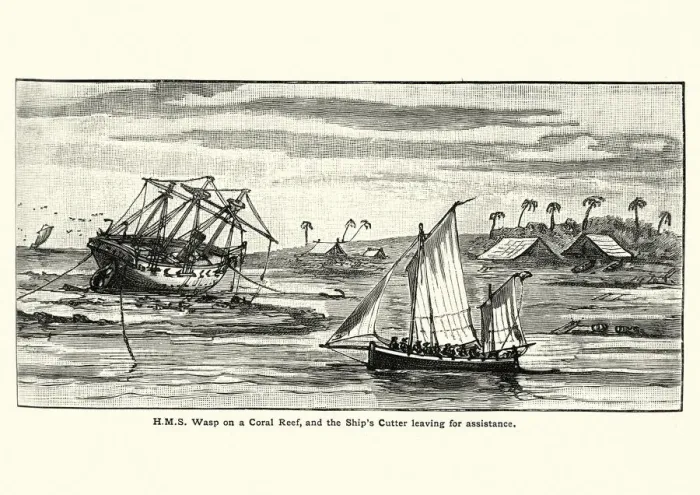 Framed Print : HMS Wasp, stuck on a coral reef, 19th Century Framed Print : HMS Wasp, stuck on a coral reef, 19th Century