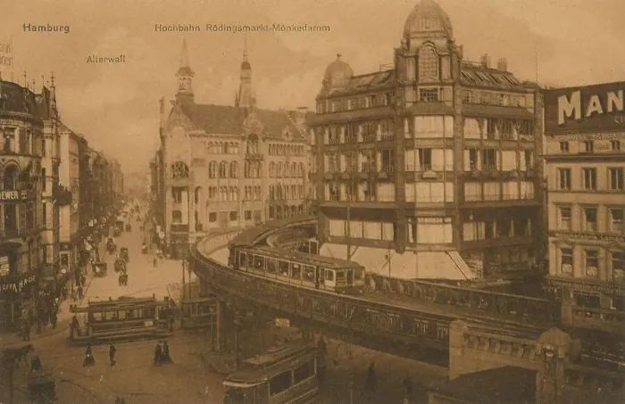 Framed Print : Hochbahn bei Roedlingsmarkt Moenkerdamm, Hamburg, Germany, postcard with text, view around ca 1910, historical, digital reproduction of a historical postcard, public domain, from that time, exact date unknown