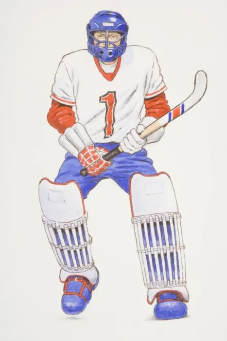 Framed Print : Hockey goalkeeper wearing helmet and knee pads holding a hockey stick, front view Framed Print : Hockey goalkeeper wearing helmet and knee pads holding a hockey stick, front view