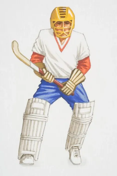 Framed Print : Hockey player wearing helmet and knee pads holding a hockey stick, front view Framed Print : Hockey player wearing helmet and knee pads holding a hockey stick, front view