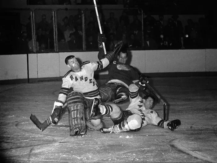 Framed Print : Hockey Players in Pile-up With Goalie Framed Print : Hockey Players in Pile-up With Goalie