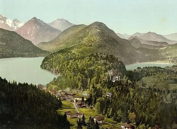 Hohenschwangau Castle in Allgaeu, Bavaria, Germany, Historic, digitally restored reproduction of a photochrome print from the 1890s