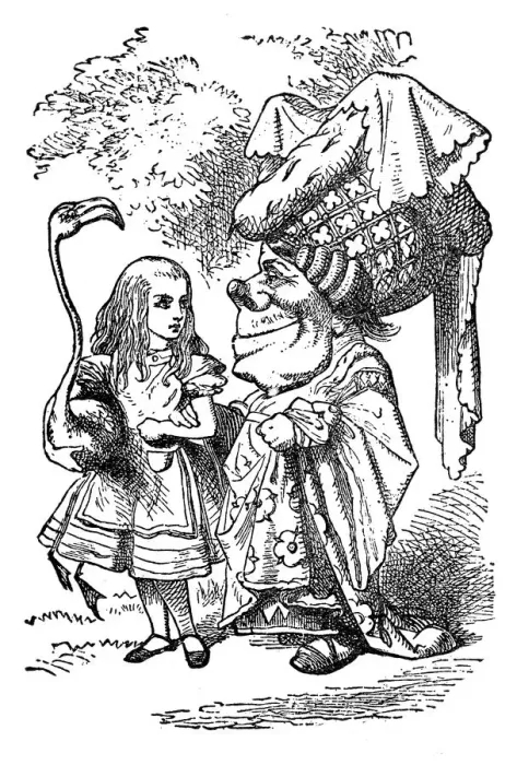 Framed Print : Holding a flamingo and talking to the duchess- Alice in Wonderland 1897