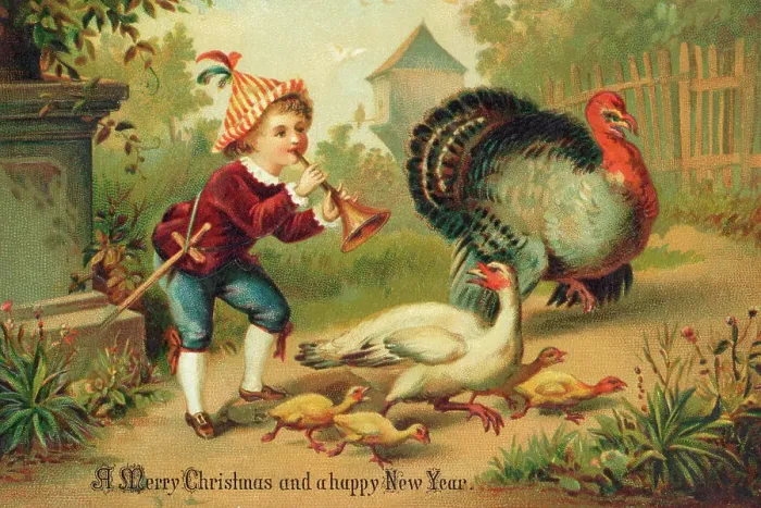Framed Print : Holiday Greeting Card with Boy Chasing a Turkey Framed Print : Holiday Greeting Card with Boy Chasing a Turkey